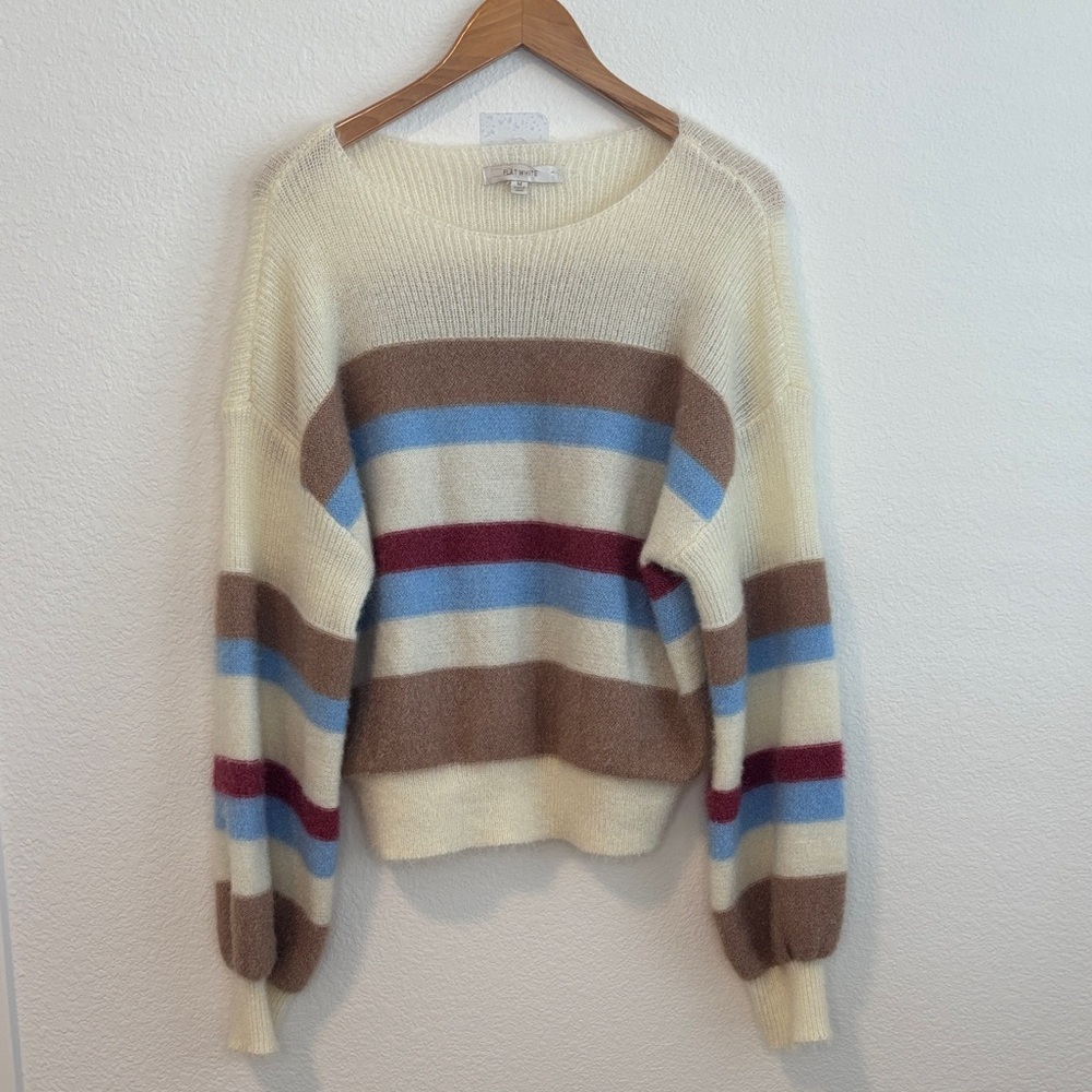 Anthropologie Flat White Fluffy Cream Striped Crewneck Women's Sweater M - Picture 3 of 10